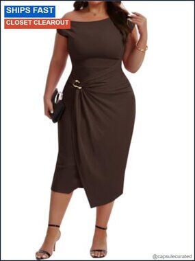 Plus Size Off Shoulder Slimming Midi Dress Asymmetric Neck Formal